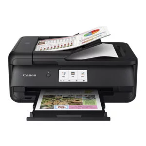 A Canon PIXMA TS9550 with printed documents and documents ready to scan.