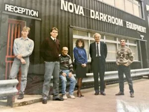 First set of employees sat outside Nova's first warehouse premises in Warwick