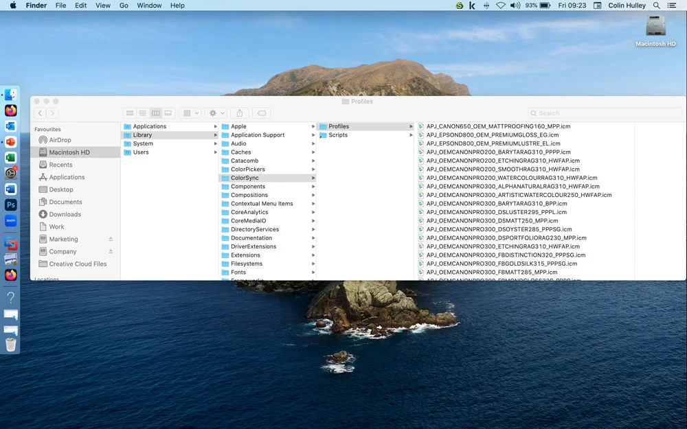 Screenshot of Mac desktop showing the location of ICC profiles in the file explorer