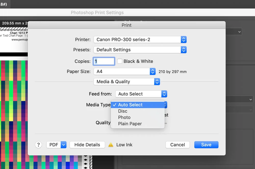 The AirPrint driver with reduced media settings