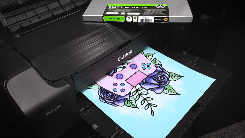 A print of a playstation controller coming out of a Canon printer