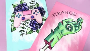 Art prints of a playstation controller and a green hand