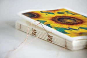 Handmade book with sunflowers printed on the front